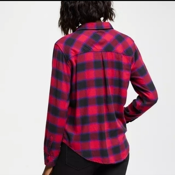BeachLunchLounge Cherry Red Black Purple Plaid Flannel Button Down Shirt Small - Picture 3 of 9